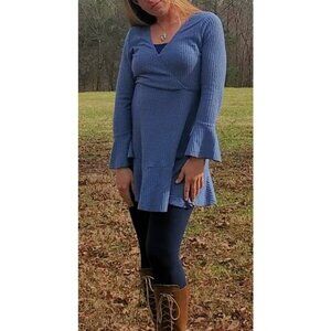 C+D+M faux wrap bell sleeve flare ribbed knit dress blue